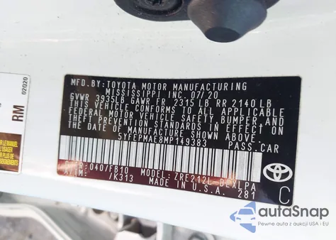 2021 Toyota Corolla Le из США, поврежденный, VIN 5YFEPMAE8MP149383